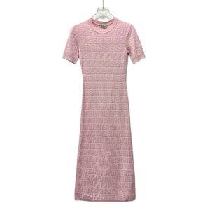 Fendi Pink Logo Jacquard Cotton Round-Neck Short-Sleeve Knitted Dress Size M Mad
